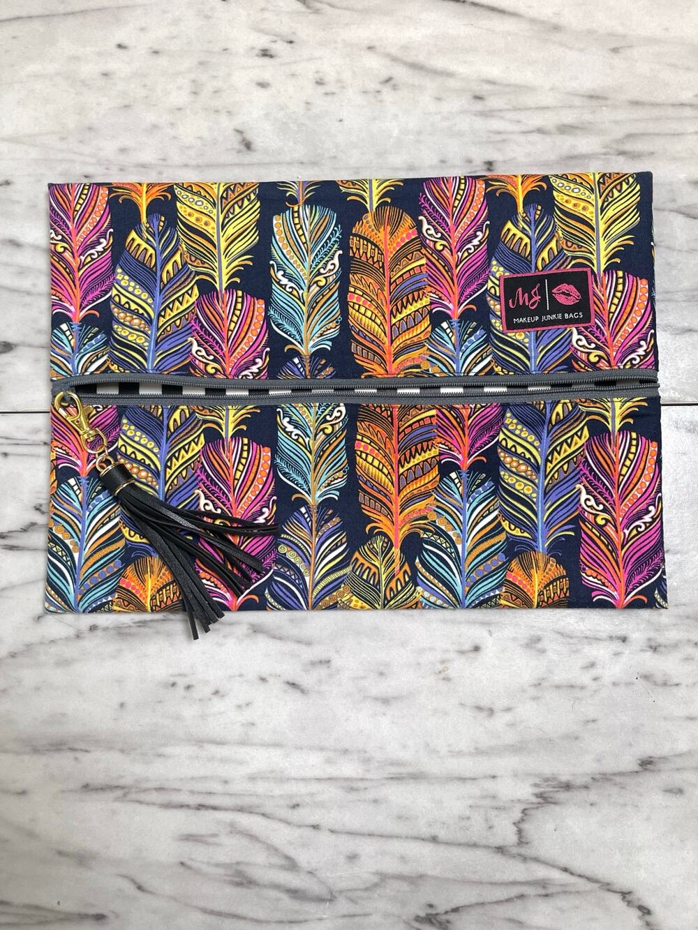 Makeup Junkie Bag Fancy Feathers Size Large Multicolor Feathers Lay Flat Bag